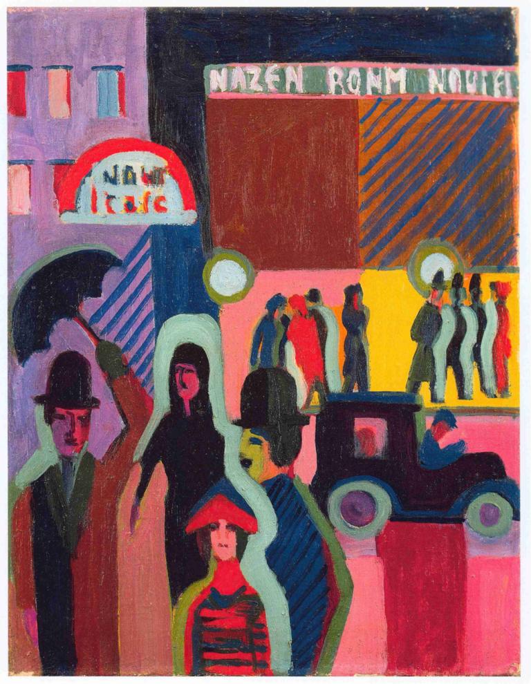 store in the rain,simpan dalam hujan,Ernst Ludwig Kirchner,Pastel,Pastel, topi, banyak anak laki-laki