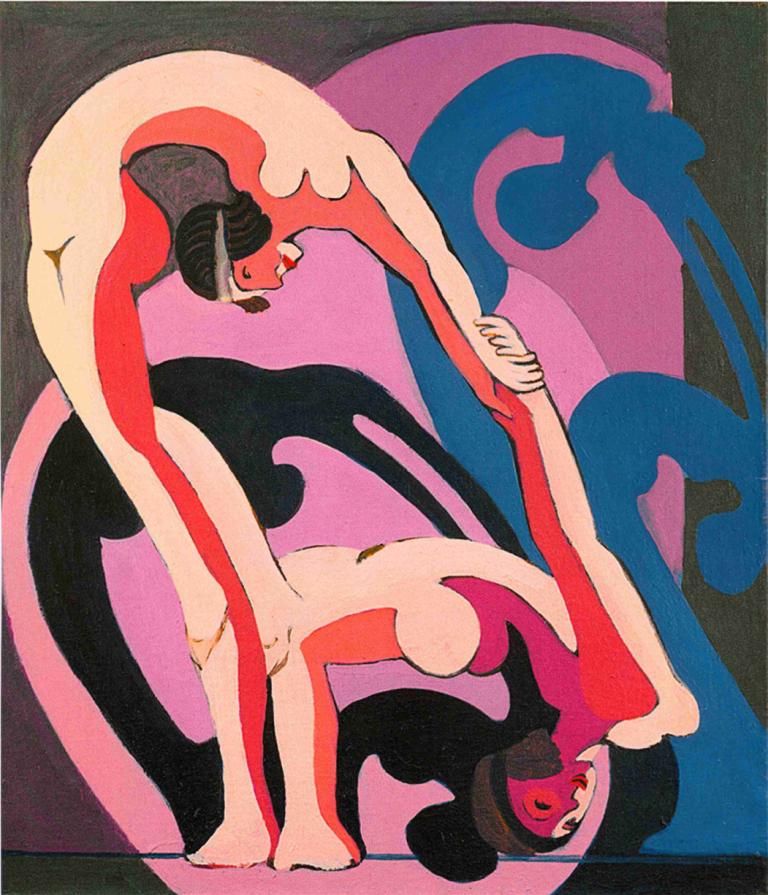 two acrobats,δύο ακροβάτες,Ernst Ludwig Kirchner,Παστέλ,Παστέλ, γυμνός, μαύρα μαλλιά, 1 κορίτσι, στήθη, σκιά