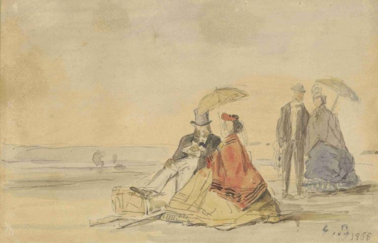 A Couple Seated and a Couple Walking on the Beach,Eugène Boudin,Watercolor,Watercolor, multiple boys