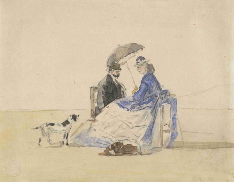 A Couple Seated on the Beach with Two Dogs,Eugène Boudin,Watercolor,Watercolor, umbrella, 1girl, hat, dress