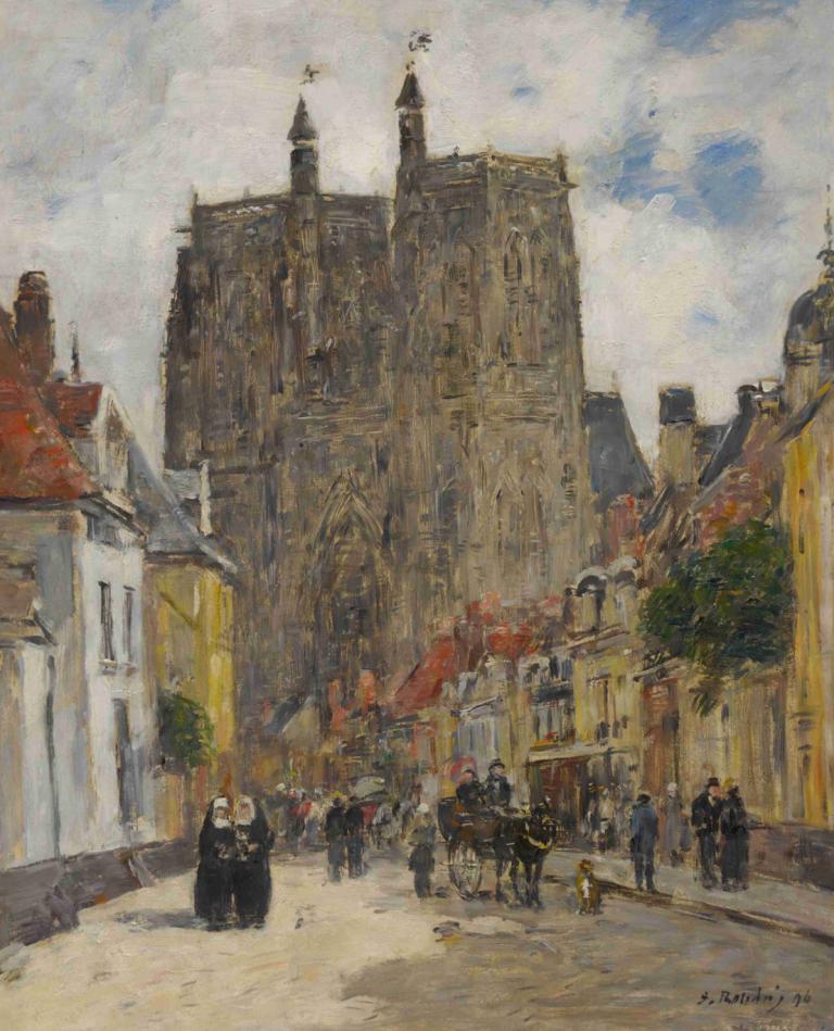 Abbeville, Rue Et Église Saint-Vulfran,Eugène Boudin,Oil Painting,Oil Painting, outdoors, traditional media