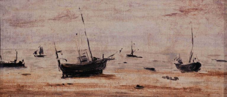 Bateaux échoués à marée basse,Eugène Boudin,Oil Painting,Oil Painting, watercraft, no humans, ship, boat