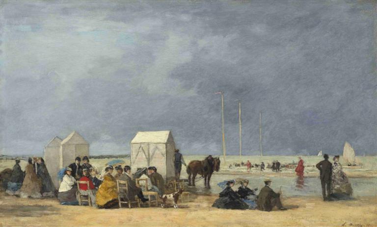 Bathing Time at Deauville,Eugène Boudin,Oil Painting,Oil Painting, fine art parody, horse, multiple boys