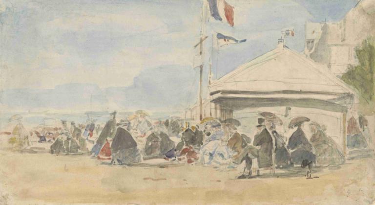 Beach House with Flags at Trouville,Eugène Boudin,Oil Painting,Oil Painting, multiple boys, 6+boys, hat