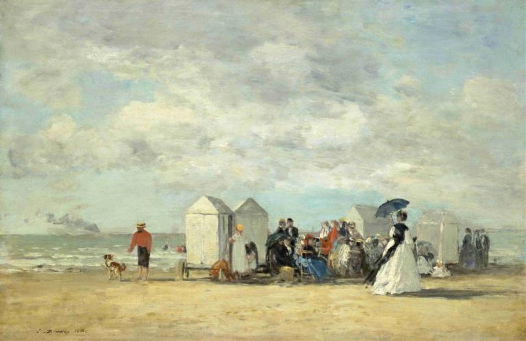 Beach Scene,Eugène Boudin,Oil Painting,Oil Painting, multiple boys, outdoors, cloud, fine art parody, beach