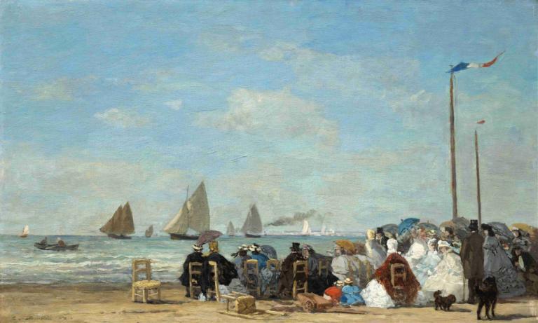 Beach Scene at Trouville,Eugène Boudin,Oil Painting,Oil Painting, watercraft, outdoors, fine art parody