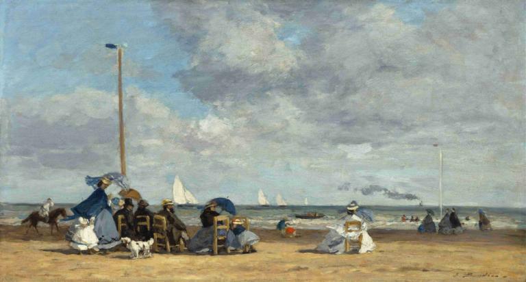 Beach at Trouville,Eugène Boudin,Oil Painting,Oil Painting, fine art parody, outdoors, cloud, sky