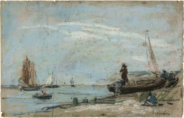 Beach with Fishing Boats,Eugène Boudin,Oil Painting,Oil Painting, watercraft, boat, outdoors