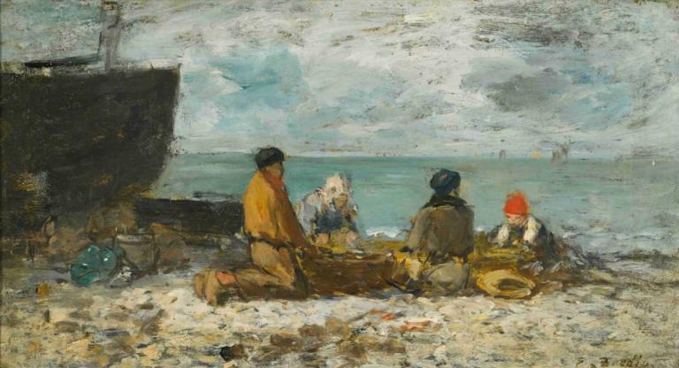 Berck. La Plage,Eugène Boudin,Oil Painting,Oil Painting, multiple boys, ocean, outdoors, watercraft