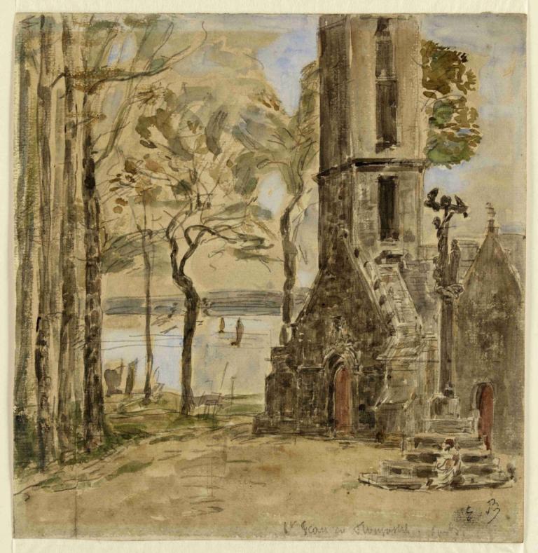 Calvaire breton,Eugène Boudin,Oil Painting,Oil Painting, tree, scenery, outdoors, stairs, traditional media