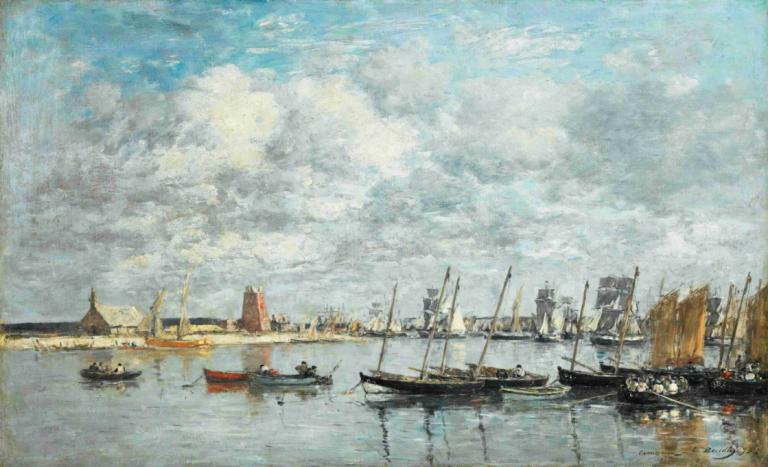 Camaret, Le Port,Eugène Boudin,Oil Painting,Oil Painting, watercraft, ship, cloud, sky, no humans