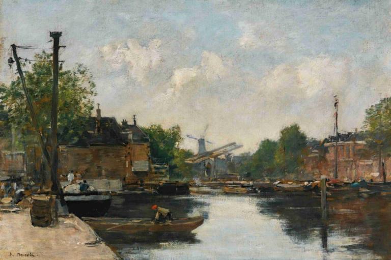 Canal A Rotterdam,Eugène Boudin,Oil Painting,Oil Painting, watercraft, outdoors, scenery, sky, boat, cloud