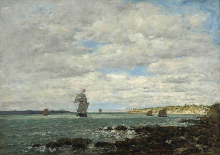 Coast of Brittany,Eugène Boudin,Oil Painting,Oil Painting, ocean, cloud, outdoors, no humans, sky, watercraft