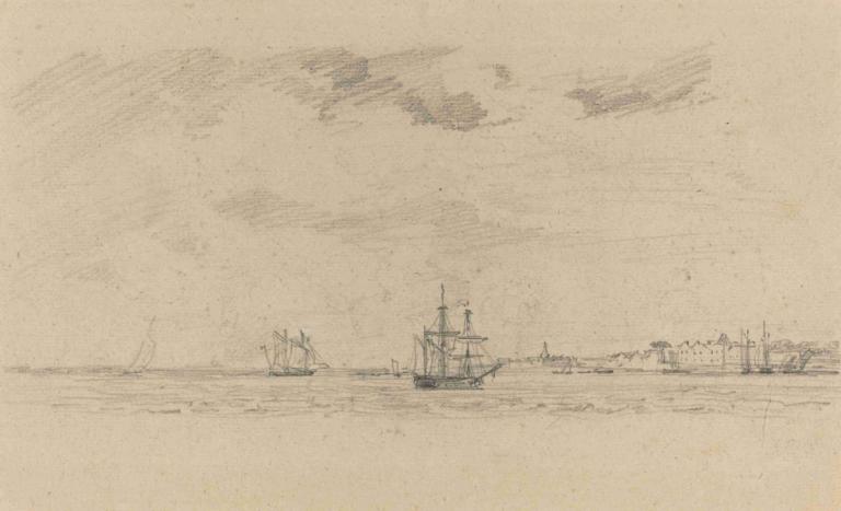 Coastal Landscape with Shipping,Eugène Boudin,Pastel,Pastel, no humans, watercraft, monochrome