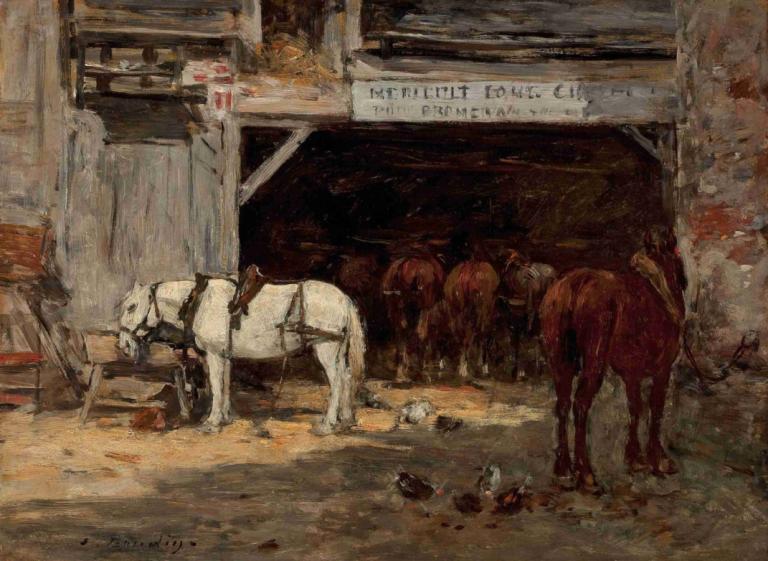 Cour et écurie d'un loueur,Eugène Boudin,Oil Painting,Oil Painting, no humans, horse, traditional media