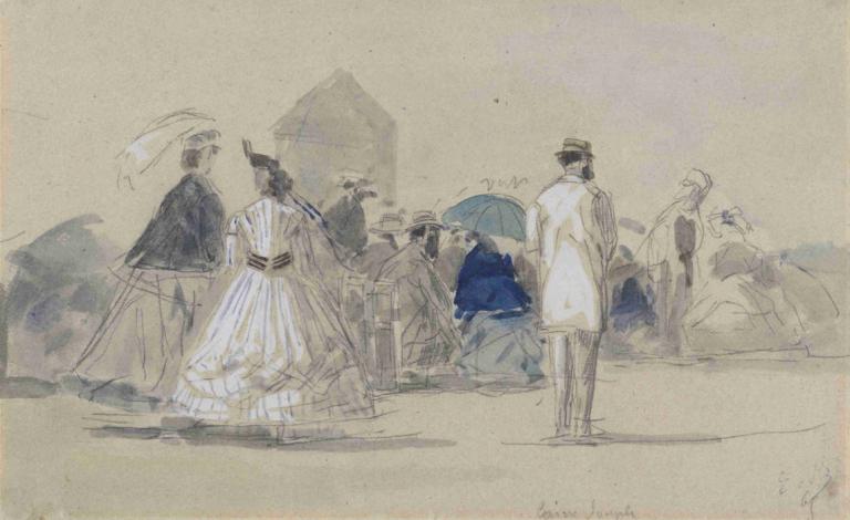 Crinolines on the Beach,Eugène Boudin,Watercolor,Watercolor, umbrella, multiple boys, hat, dress, holding