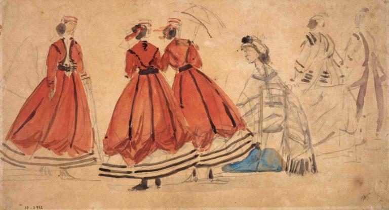 Etude de costumes,Undersökning av tullar,Eugène Boudin,Pastell,Pastell, flera pojkar, hatt, långa ärmar