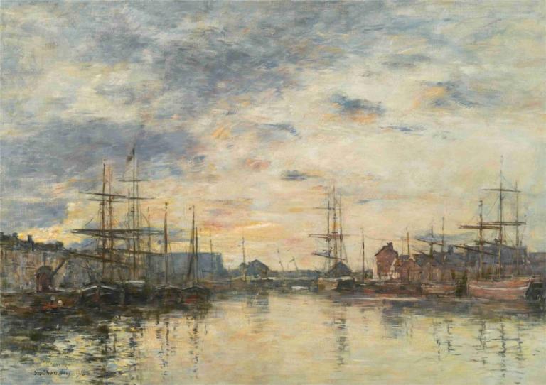 Fécamp, Le Bassin au coucher du soleil,Fécamp, Le Bassin auringonlaskussa,Eugène Boudin,Öljymaalaus