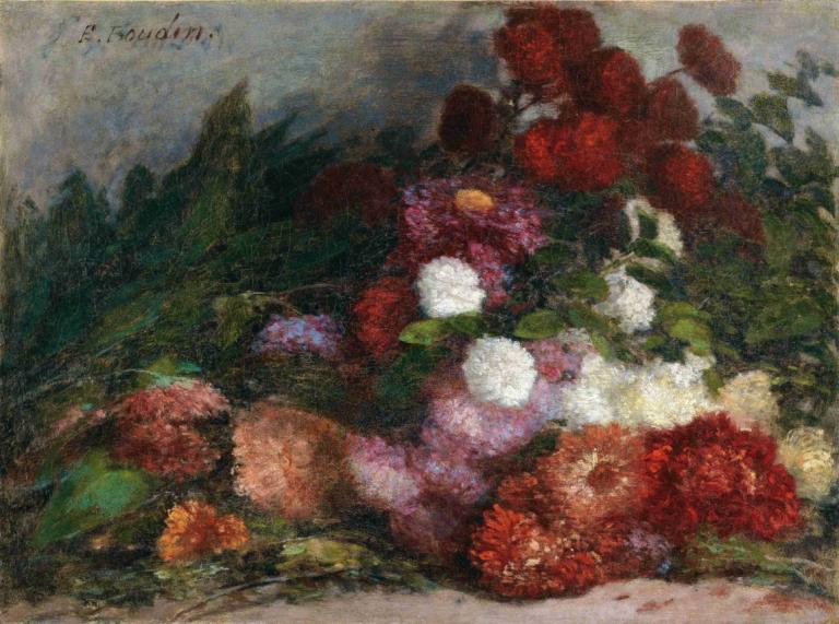 Flower Bunch,Blombukett,Eugène Boudin,Oljemålning,Oljemålning, blomma, inga människor, utomhus, blad