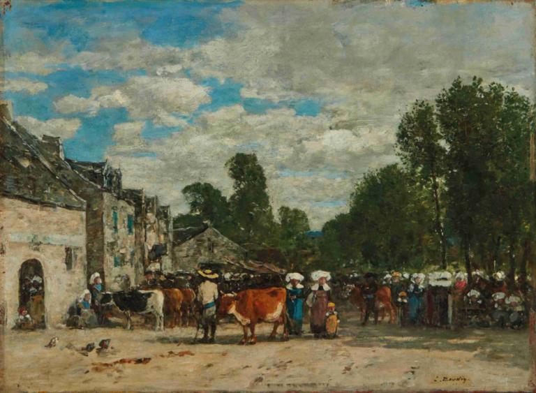 Foire en Bretagne,Mässor i Bretagne,Eugène Boudin,Oljemålning,Oljemålning, utomhus, träd, häst, himmel