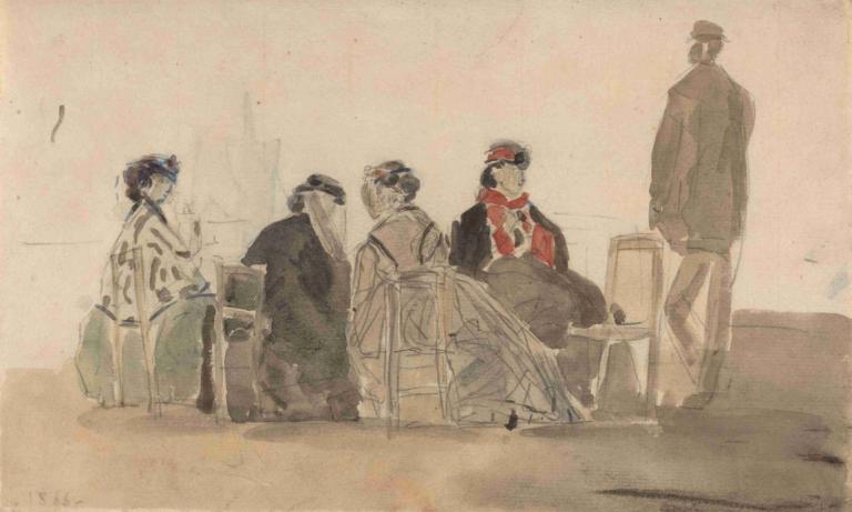 Four Ladies Seated at Trouville,Fyra damer sitter på Trouville,Eugène Boudin,Akvarell,Akvarell, flera pojkar