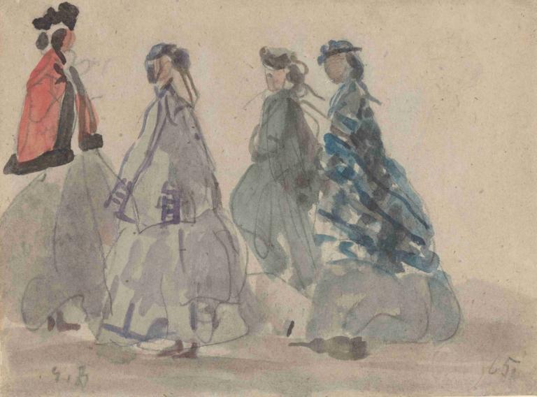 Four Women at Trouville,Fyra kvinnor i Trouville,Eugène Boudin,Akvarell,Akvarell, flera pojkar, svart hår