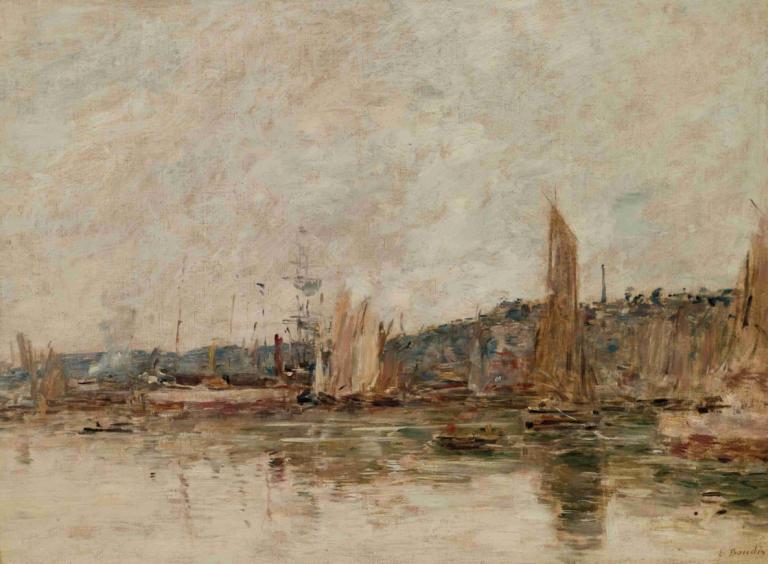 Honfleur, Le Port, Le Matin,Eugène Boudin,Yağlı boya,Yağlı boya, deniz taşıtları, insan yok, bot, manzara