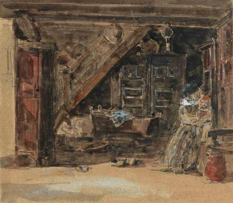 Intérieur breton aquarelle,Interiör Breton akvarell,Eugène Boudin,Oljemålning,Oljemålning, 1 pojke