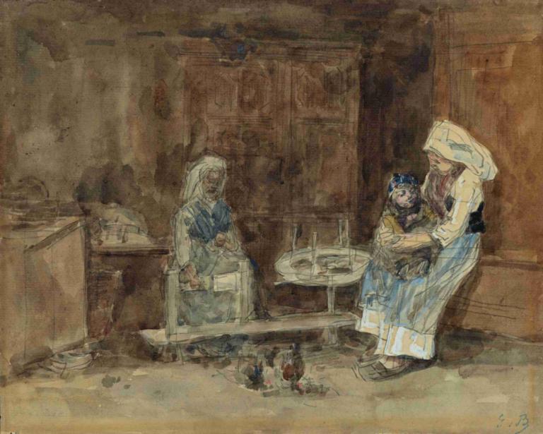 Intérieur breton, maternité,Bretonsk inredning, förlossningsavdelning,Eugène Boudin,Oljemålning,Oljemålning