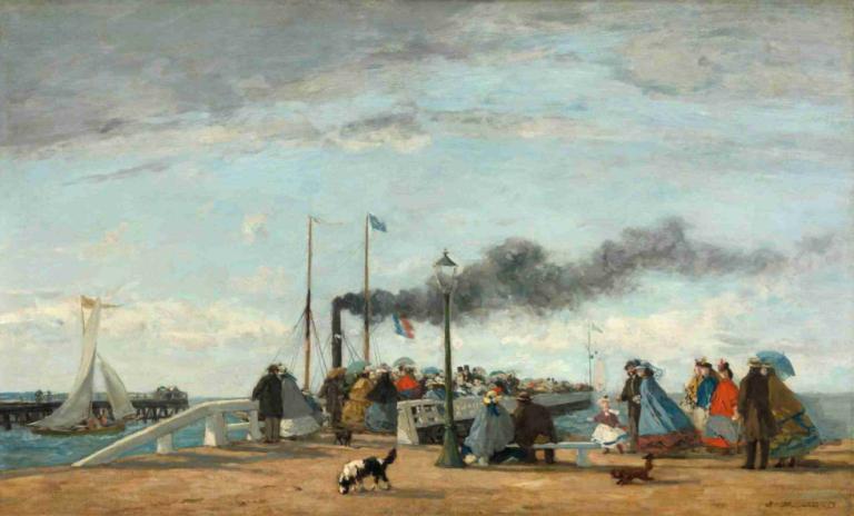 Jetty and Wharf at Trouville,Eugène Boudin,Oil Painting,Oil Painting, watercraft, multiple boys, ship, boat