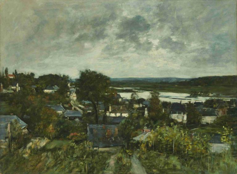 La Touques near Deauville,ドーヴィル近郊のラ・トゥーク,Eugène Boudin,ウジェーヌ・ブーダン,油絵,油絵, 景色, 屋外, 雲, 空, 従来のメディア, 木, ソロ, 1女の子