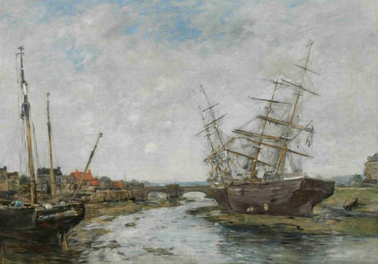 La Touques. Marée Basse,La Touques. Marea baja,Eugène Boudin,Pintura al óleo,Pintura al óleo, embarcación