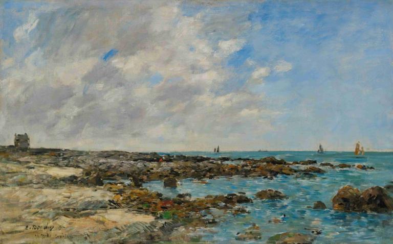 Le Croisic. Bord De Mer,Le Croisic. Merenranta,Eugène Boudin,Öljymaalaus,Öljymaalaus, ulkona, pilvi, maisema