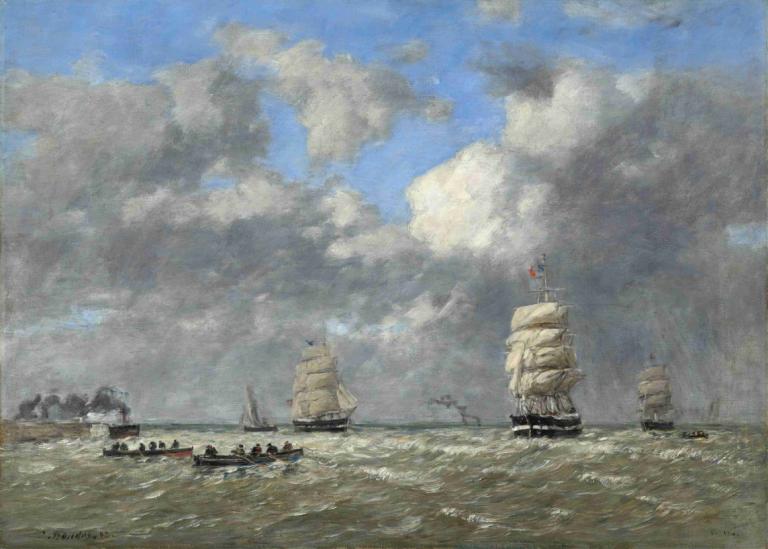 Le Havre,Eugène Boudin,Öljymaalaus,Öljymaalaus, ei ihmisiä, pilvi, sotilasajoneuvo, perinteistä mediaa