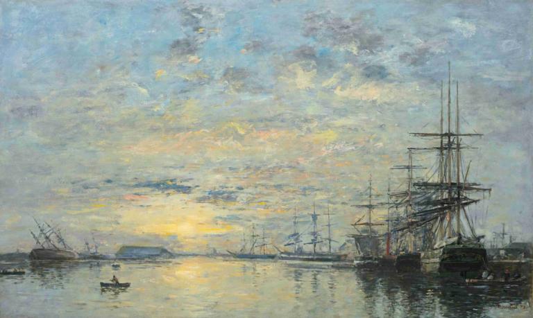 Le Havre, Bassin De L'eure,Eugène Boudin,Öljymaalaus,Öljymaalaus, vesikulkuneuvot, alus, ei ihmisiä, pilvi