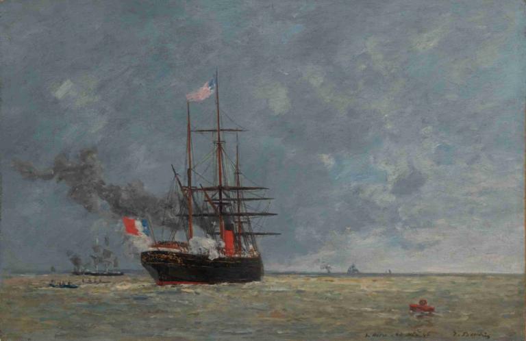 Le Havre, navires en pleine mer,Le Havre, laivat avomerellä,Eugène Boudin,Öljymaalaus,Öljymaalaus