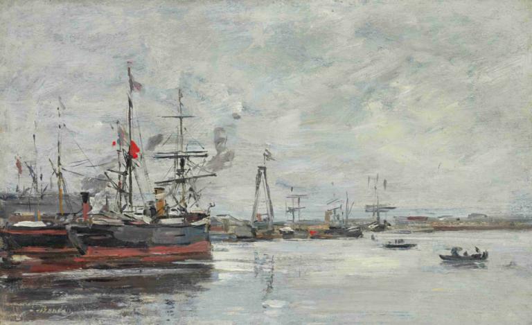 Le Havre. Le Port,Eugène Boudin,Oljemålning,Oljemålning, vattenskotrar, fartyg, militär, inga människor