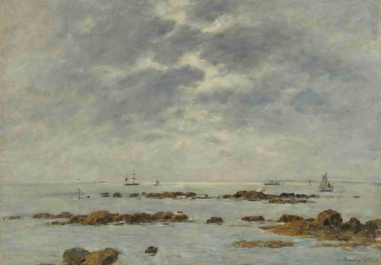 Marine À St. Vaast-La Hougue (Manche),Eugène Boudin,Öljymaalaus,Öljymaalaus, pilvi, ulkona, vesikulkuneuvot