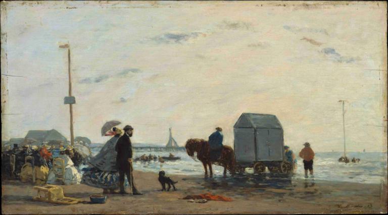 On the Beach at Trouville,Trouvillen rannalla,Eugène Boudin,Öljymaalaus,Öljymaalaus, useita poikia, ulkona