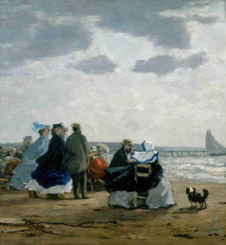 On the Beach, Dieppe,På stranden, Dieppe,Eugène Boudin,Eugene Boudin,Oljemaleri,Oljemaleri, flere gutter