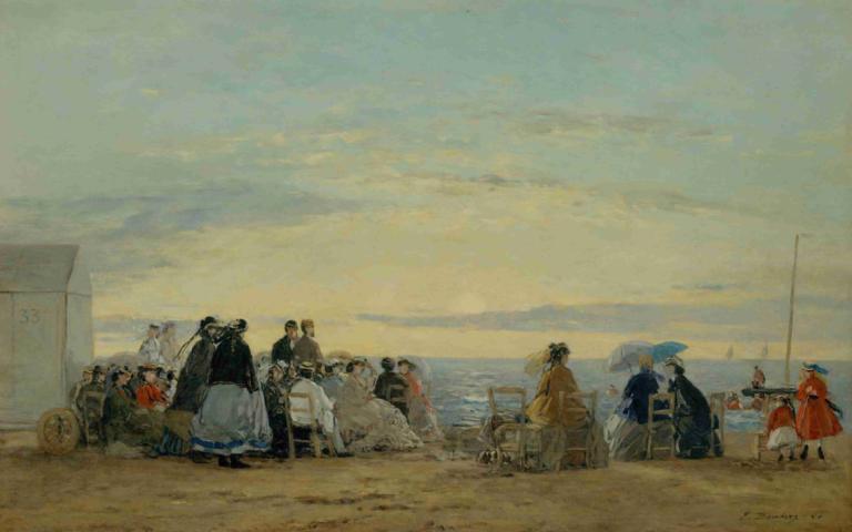 On the Beach, Sunset,Op het strand, zonsondergang,Eugène Boudin,Olieverf,Olieverf, meerdere jongens