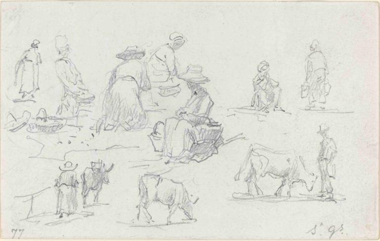 Peasants and Cows (recto),เกษตรกรและโคนม (RECTO),Eugène Boudin,โอริน พุดดิ้ง,ร่าง,ร่าง, ขาวดำ, เด็กชายหลายคน