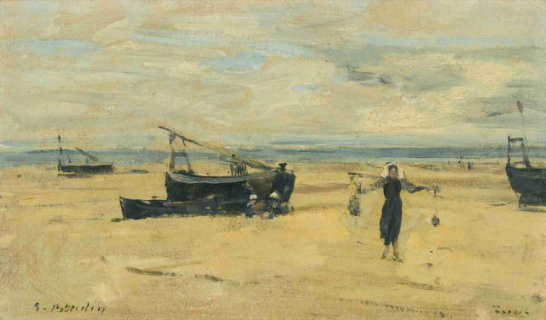 Plages Echouees,Strandade stränder,Eugène Boudin,Oljemålning,Oljemålning, vattenskotrar, utomhus, båt, 1 tjej