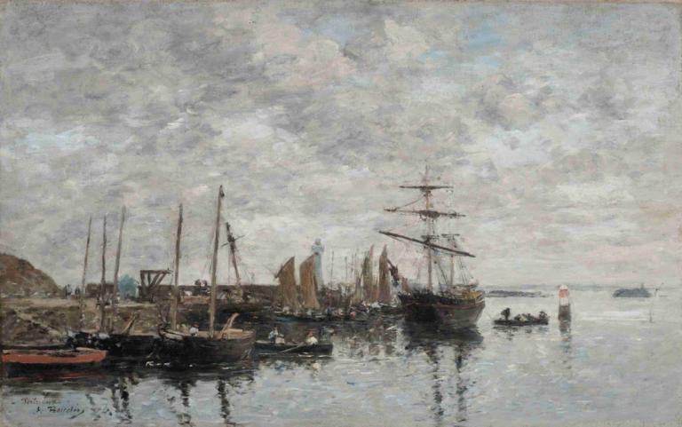 Portrieux, Le Port,Eugène Boudin,Oljemålning,Oljemålning, vattenskotrar, inga människor, fartyg, moln