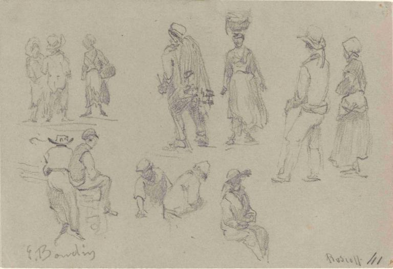 Provincial Figures,Provinsiella siffror,Eugène Boudin,Skiss,Skiss, hatt, skiss, svartvit, flera pojkar