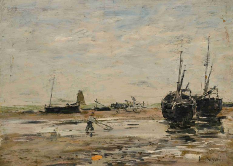 Rivage De Berk, Marée Basse,Eugène Boudin,Oljemålning,Oljemålning, vattenskotrar, traditionella medier