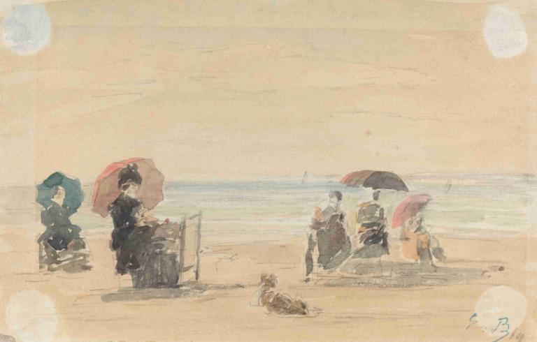 Sun-Shades, Trouville,Aurinkovarjot, Trouville,Eugène Boudin,Akvarelli,Akvarelli, sateenvarjo, useita poikia