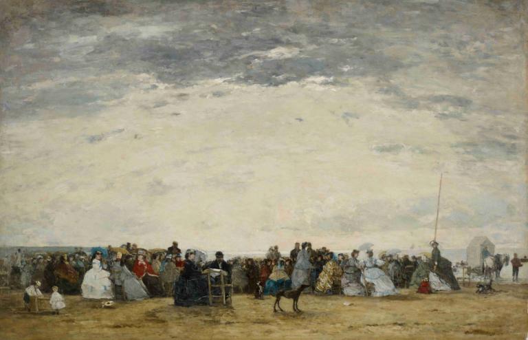 Vacationers on the Beach at Trouville,Semesterfirare på stranden i Trouville,Eugène Boudin,Oljemålning