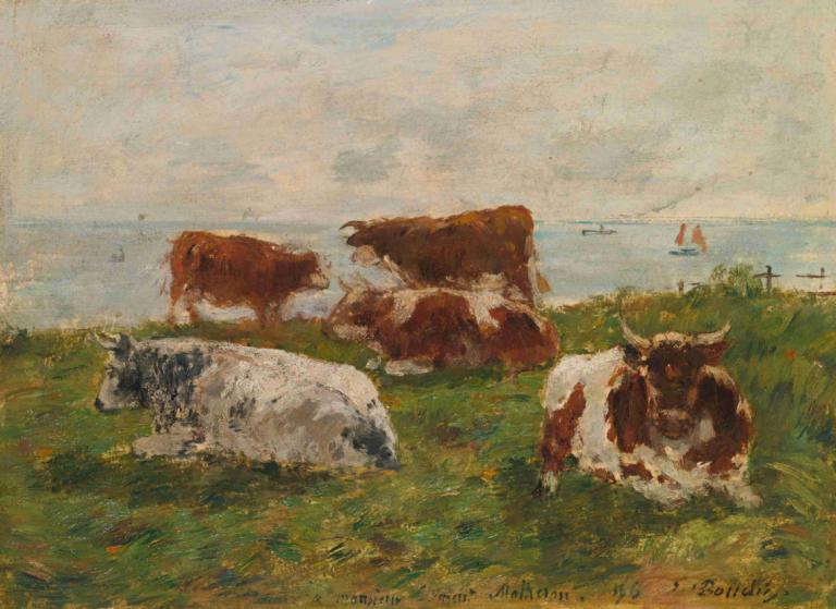 Vaches Au Pré Au Bord De La Me,Eugène Boudin,Oljemålning,Oljemålning, utomhus, inga människor, gräs, landskap