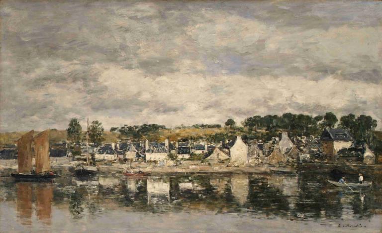 Village by a River,By vid en flod,Eugène Boudin,Oljemålning,Oljemålning, utomhus, moln, landskap, himmel